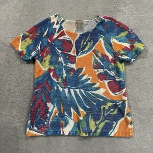 Chico's Knit Shirt Tee Women 1 Multicolor Blue Leaves Boho Vintage